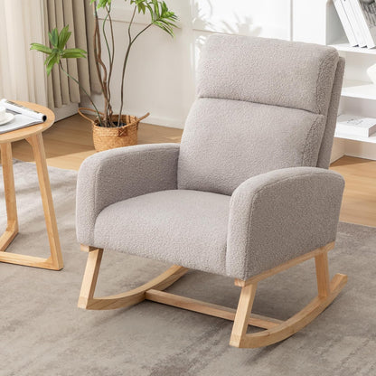 Rocking Chair Nursery, Upholstered Nursing Rocker Chair for Mom with High Backrest and Side Pockets for Bedroom Living Room, Beige