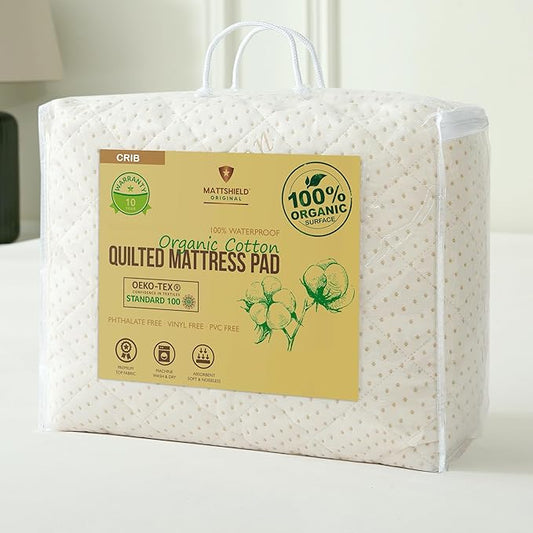 Crib Luxury Quilted Organic Mattress Protector Pad - Certified Organic Cotton, Waterproof Skin-Friendly Breathable Mattress Cover - Premium 380 GSM Comfort - Jersey Cotton Skirt