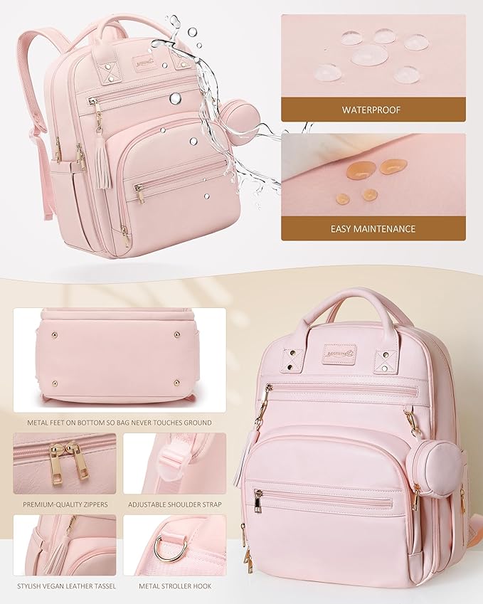 ROSEGIN Premium Vegan Leather Diaper Bag Backpack with Waterproof Changing Pad, Reinforced Zippers & Odor-Free, 20 Pockets Pro Organizer, Fits 15.6" Laptop, Stroller Straps, Baby Bag for Mom, Pink