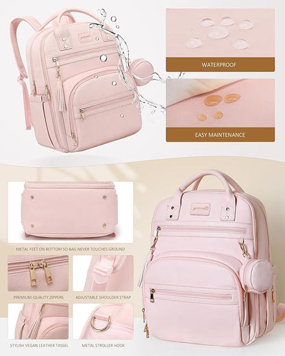ROSEGIN Premium Vegan Leather Diaper Bag Backpack with Waterproof Changing Pad, Reinforced Zippers & Odor-Free, 20 Pockets Pro Organizer, Fits 15.6" Laptop, Stroller Straps, Baby Bag for Mom, Pink
