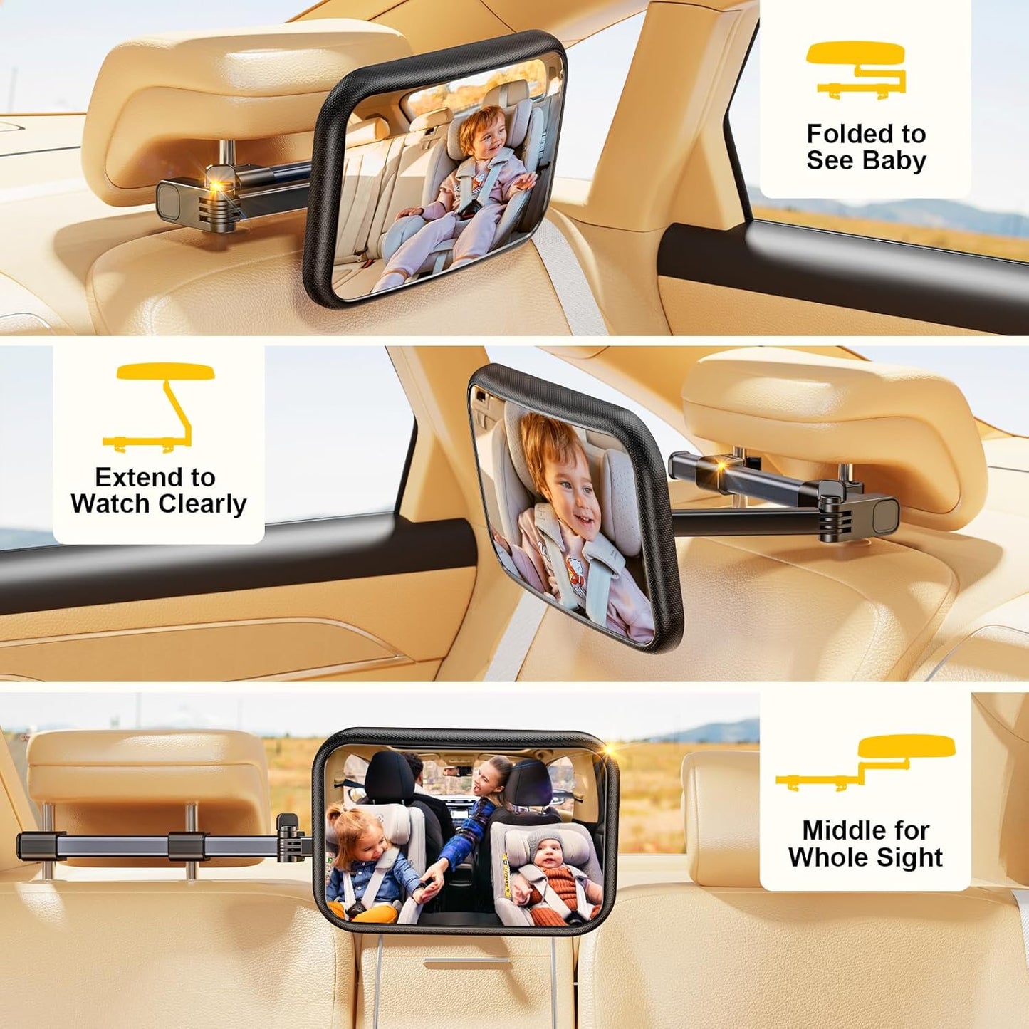 TAZENI Baby Car Mirror, Stretchable 360° Caring Baby Mirror for Car Seat Rear Facing Seat Infant Shatterproof, Baby Essentials for Newborn, Crash Tested and Certified