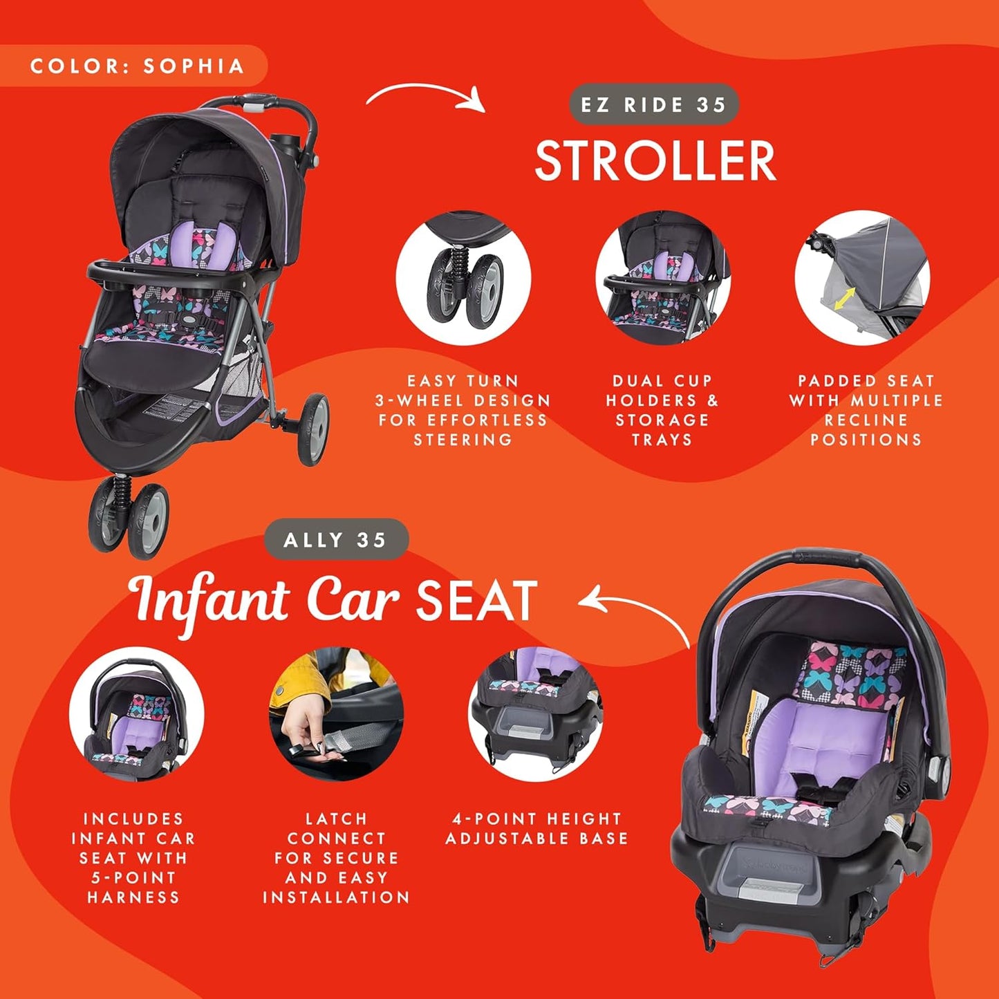 Baby Trend EZ Ride 35 Travel System, Stroller and Infant Car Seat Combo, Doodle Dots - Lightweight and Foldable Compact Design with One Hand Fold and Adjustable Handle