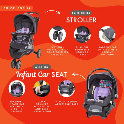 Baby Trend EZ Ride 35 Travel System, Stroller and Infant Car Seat Combo, Doodle Dots - Lightweight and Foldable Compact Design with One Hand Fold and Adjustable Handle