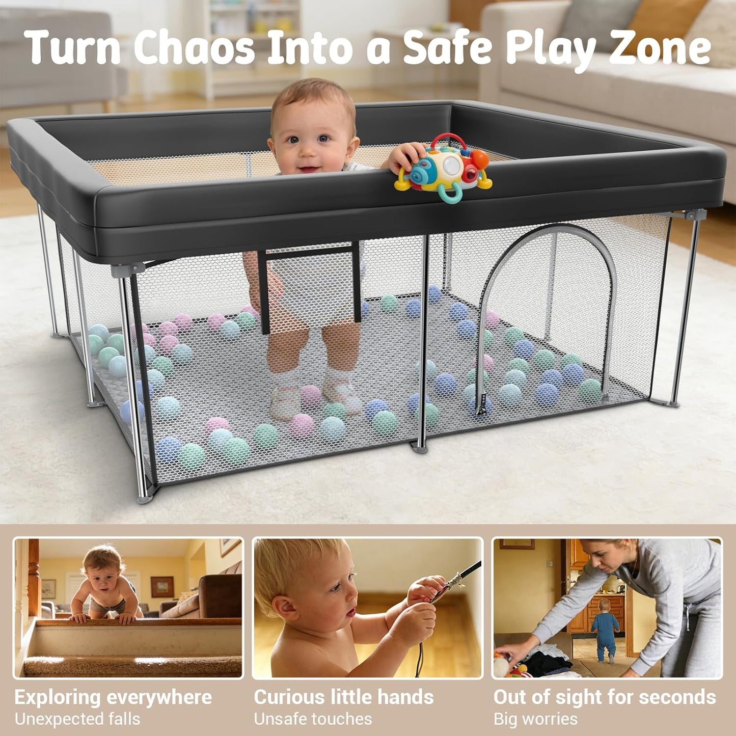 Foldable Baby Playpen, 50"×50" Collapsible Play Yard for Babies and Toddlers, No Assembly Required, Kids Safety Play Area with 4 Handles, 50 Balls and Visible Mesh, Black
