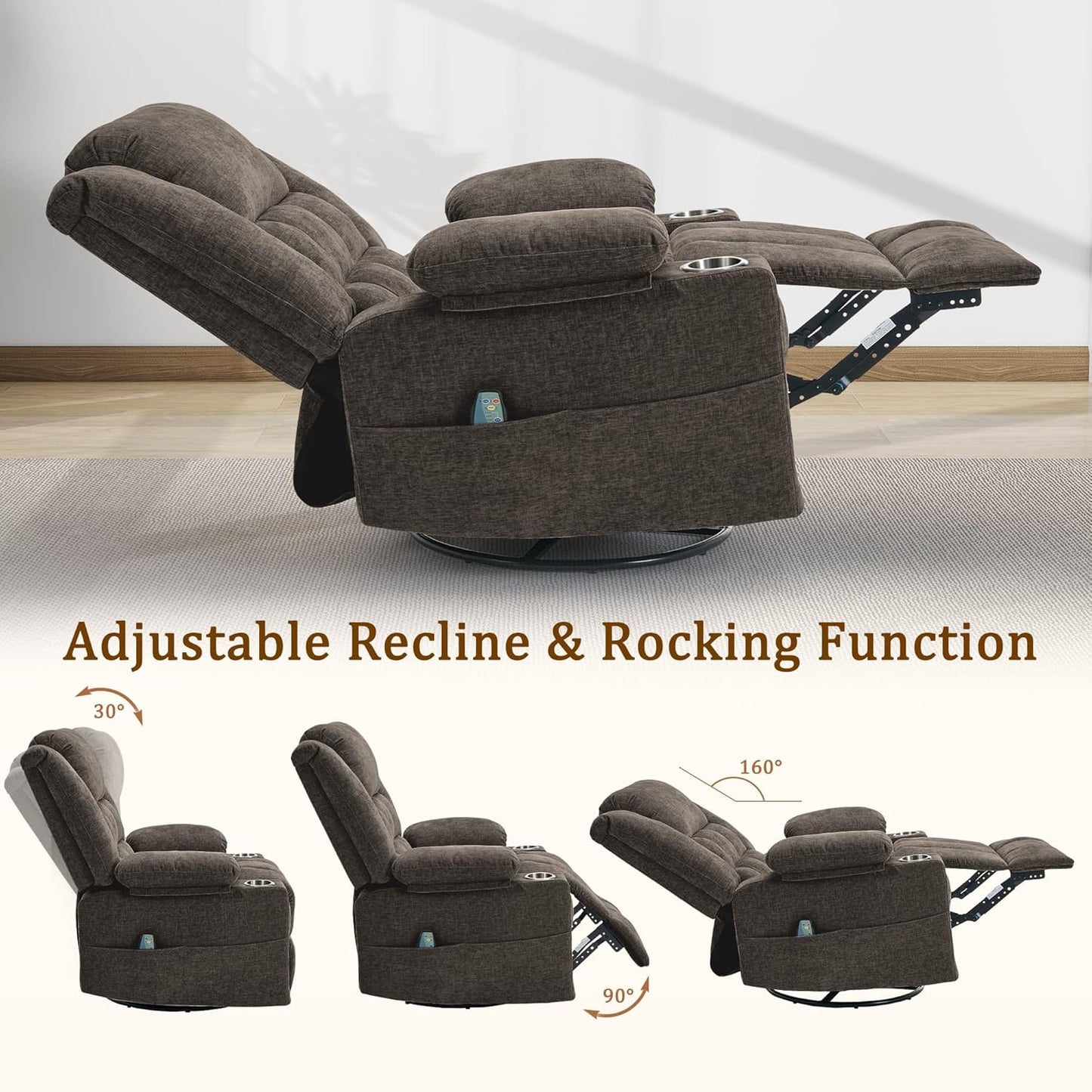 Korser 360° Swivel Rocker Recliner for Adults, Nursery Glider Recliner with Massage and Heating, Rocking Chair with Cup Holder, Manual Recliner Chair for Living Room, Bedroom (Fabric, Beige)