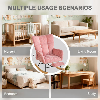 Rocking Chair Nursery with Airbag, Comfy Modern Nursery Rocking Reading Chair indoor with Footrest, Cozy Upholstered Glider Rocker Chairs for Living Room Bedroom Offices(Chenille, Dark Grey)