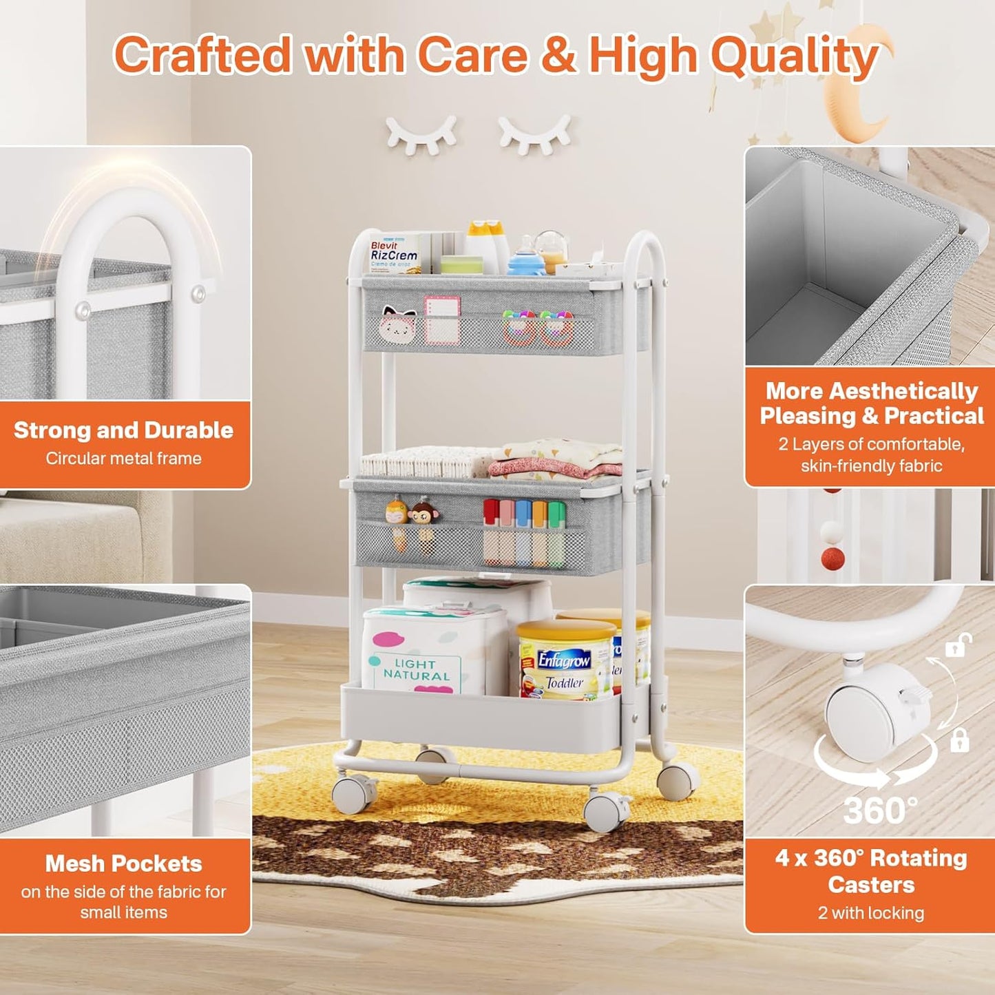 Modanais Baby Diaper Caddy Organizer Cart - 3 Tier Rolling Storage Cart with Wheels, Baby Essentials for Nursery Storage, Detachable Dividers - for Crib, Bedroom, Art & Craft Organizer (Black)