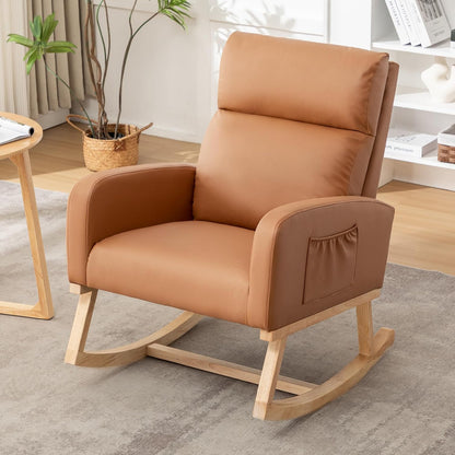 Rocking Chair Nursery, Upholstered Nursing Rocker Chair for Mom with High Backrest and Side Pockets for Bedroom Living Room, Beige