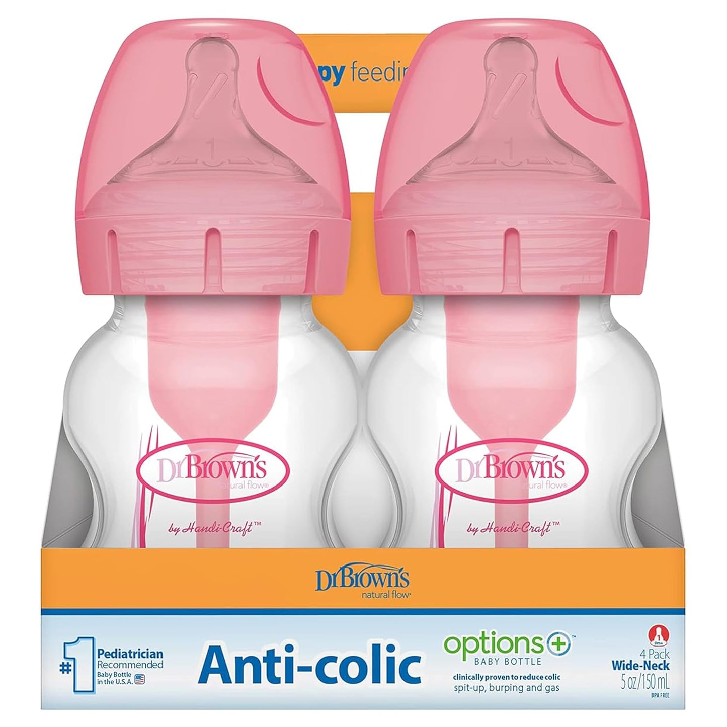 Dr. Brown’s Natural Flow® Anti-Colic Options+™ Wide-Neck Baby Bottles 5 oz/150 mL, with Level 1 Slow Flow Nipple, 4 Pack, 0m+