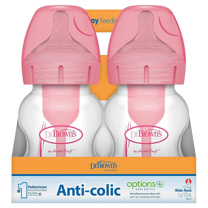 Dr. Brown’s Natural Flow® Anti-Colic Options+™ Wide-Neck Baby Bottles 5 oz/150 mL, with Level 1 Slow Flow Nipple, 4 Pack, 0m+