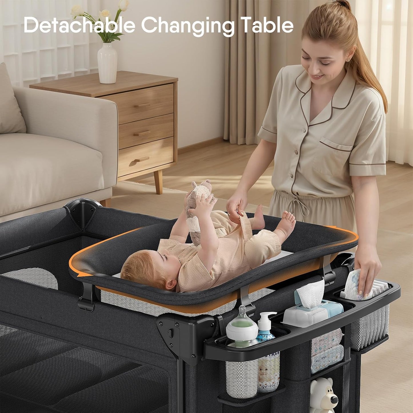 TinyGlow 4 in 1 Baby Bassinet, Pack and Play, Bedside Crib Sleeper, Diaper Changer, Quickly Assembled and Folded Portable Crib with Mattress and Mosquito Net, Easy to Carry
