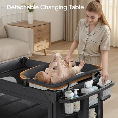 TinyGlow 4 in 1 Baby Bassinet, Pack and Play, Bedside Crib Sleeper, Diaper Changer, Quickly Assembled and Folded Portable Crib with Mattress and Mosquito Net, Easy to Carry