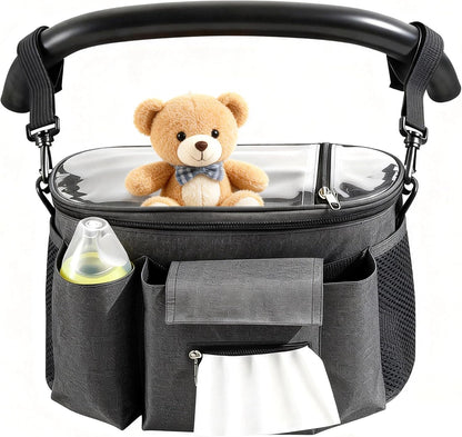 Stroller Organizer with Insulated Cup Holders - Universal Stroller Caddy Bag Fits for Uppababy, Baby Jogger, Nuna - Detachable Shoulder Strap & Large Storage for Diapers, Wipes (Black)