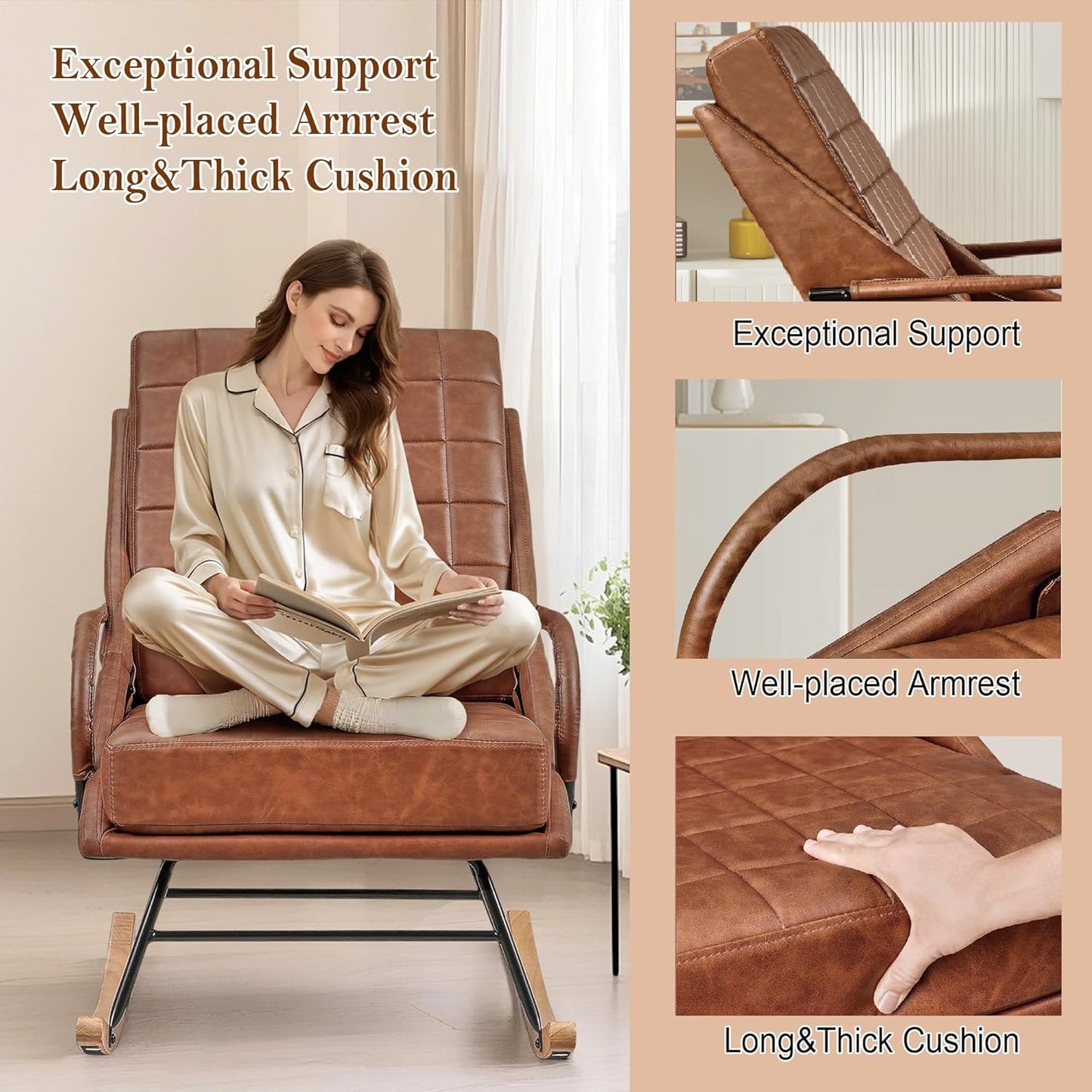 VECELO Rocking Chair Nursery, Oversized Leather Glider Rocker with Padded Cushion, Upholstered Removable High Back, Brown