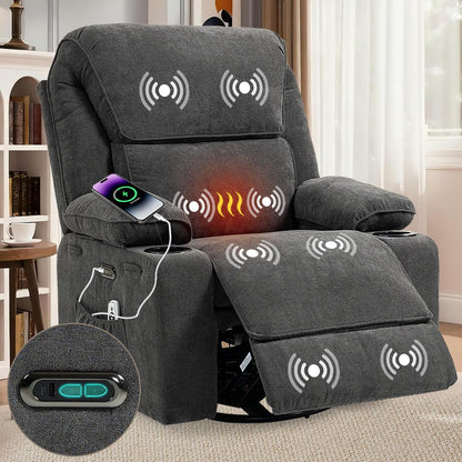 Recliner Chair Power Control, Nursery Reclining & Rocking Chair and Glider, Massage Swivel Living Room Furniture for Small Spaces, Bedroom, RVS, Lounge Sofa Chairs with USB & Type C Ports, Light Gray