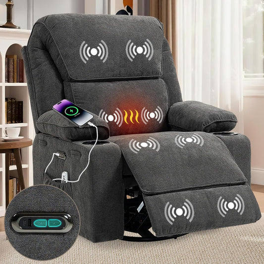Recliner Chair Power Control, Nursery Reclining & Rocking Chair and Glider, Massage Swivel Living Room Furniture for Small Spaces, Bedroom, RVS, Lounge Sofa Chairs with USB & Type C Ports, Light Gray