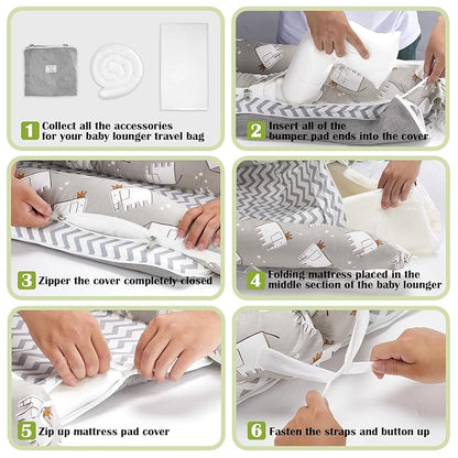 Baby Lounger for Newborns & Infants 0–24 Months, 100% Cotton Breathable Infant Support Cushion with Adjustable Size, Portable Baby Nest for Home and Travel, Baby Shower Gift (Elephant Grey)