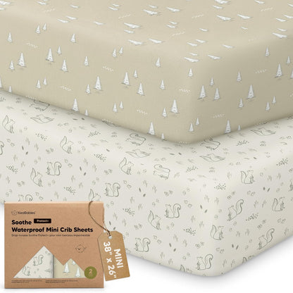 2 Pack and Play Sheets, Waterproof Mini Crib Sheets Fitted - 38x26 Organic Cotton Pack N Play Sheets for Graco Pack and Play Mattress, Playard Baby Crib Sheets,Neutral for Boy,Girl,Toddler(KeaSafari)