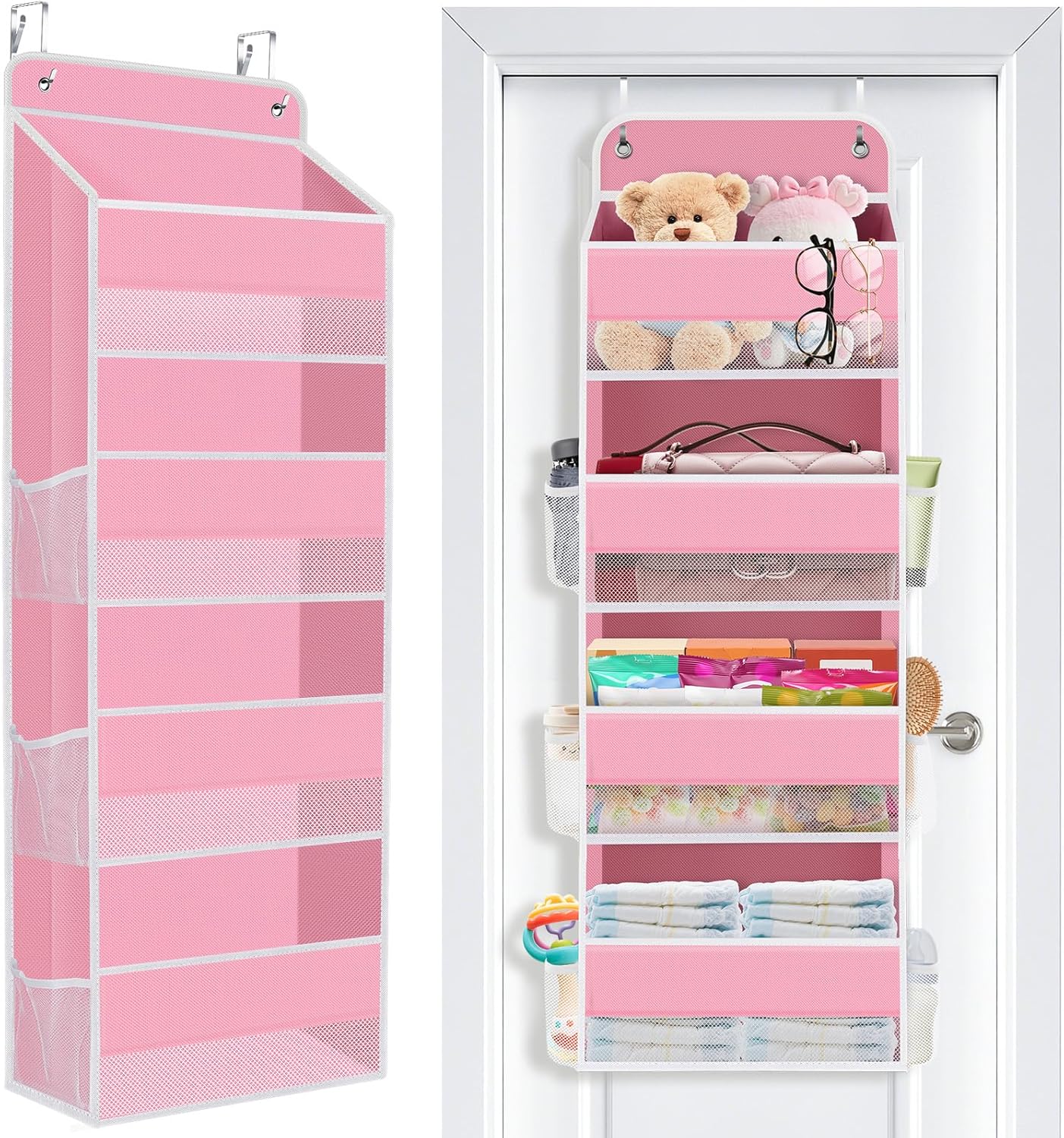 SpaceWhisper Over the Door Organizer, 4 Large Pocket Hanging Storage Organizer with 40lb Capacity, Space Saving for Nursery, Bathroom, Bedroom, Closet - Baby Essentials & Toiletry Organizer (Pink)