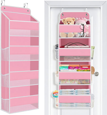 SpaceWhisper Over the Door Organizer, 4 Large Pocket Hanging Storage Organizer with 40lb Capacity, Space Saving for Nursery, Bathroom, Bedroom, Closet - Baby Essentials & Toiletry Organizer (Pink)