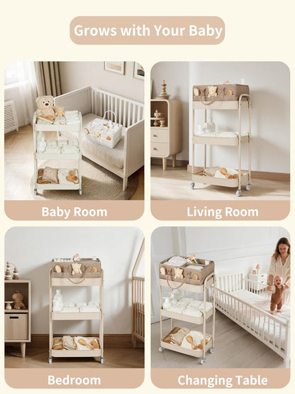 Fortella Baby Diaper Caddy, 3 Tier Rolling Storage Cart for Baby Essentials, Diaper Cart with Detachable Dividers, Storage Organizer & Baby Bottle Organizer for Bedroom, Living Room (Beige)