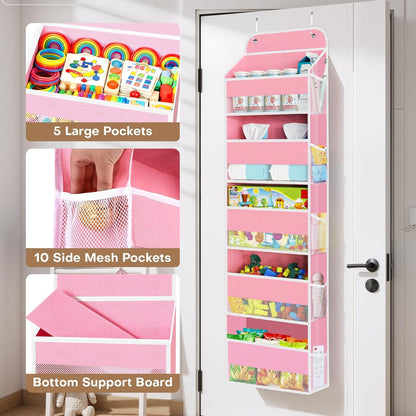 SpaceWhisper Over the Door Organizer, 4 Large Pocket Hanging Storage Organizer with 40lb Capacity, Space Saving for Nursery, Bathroom, Bedroom, Closet - Baby Essentials & Toiletry Organizer (Pink)
