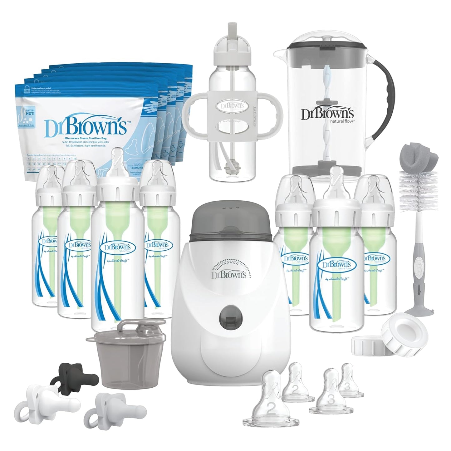 Dr. Brown's Natural Flow Anti-Colic Options+ All-In-One Gift Set for Newborn, with Bottle Warmer, HappyPaci Pacifiers, Cleaning Brush, Formula Mixing Pitcher & Formula Dispenser, 0m+