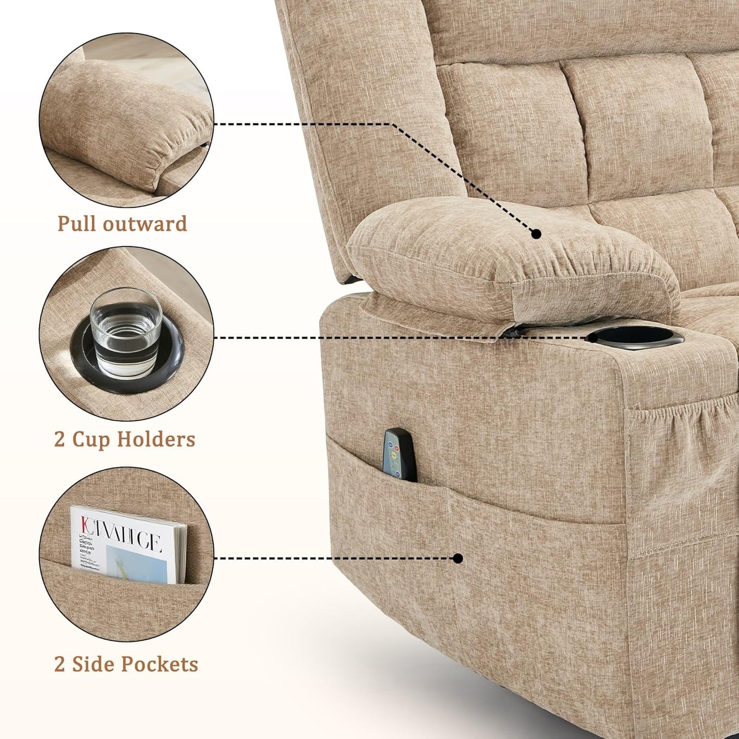 Korser 360° Swivel Rocker Recliner for Adults, Nursery Glider Recliner with Massage and Heating, Rocking Chair with Cup Holder, Manual Recliner Chair for Living Room, Bedroom (Fabric, Beige)