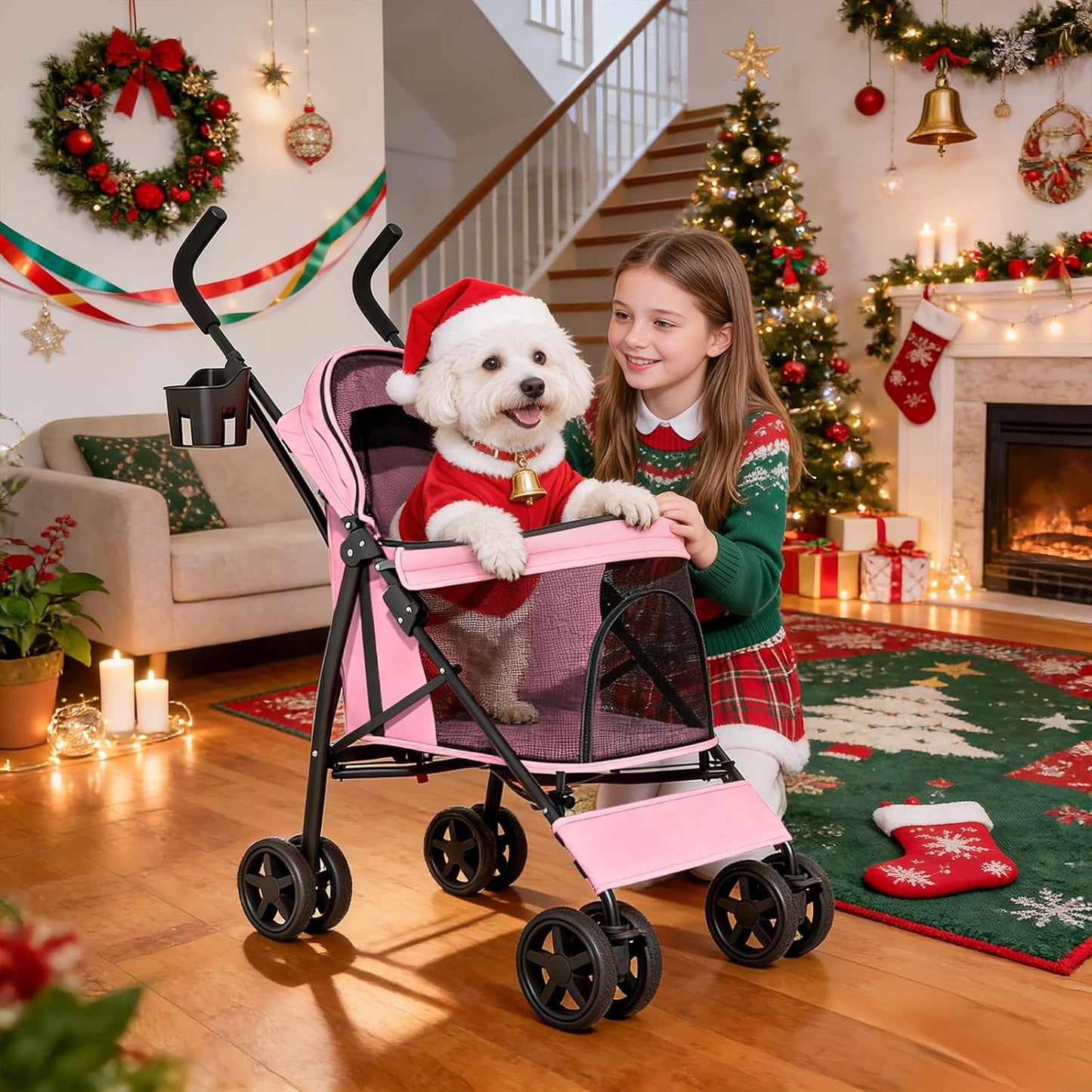 MoNiBloom 4 Wheels Pet Stroller, Easy-Fold Puppy Cage Jogger Stroller with Sun Cover, Pad and Rear Storage Bag, Breathable and Visible Mesh for Small/Medium Pets up to 22 lbs, Black