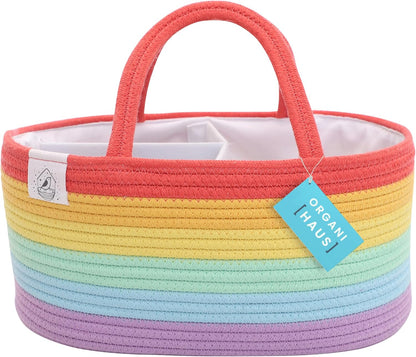 OrganiHaus Pastel Rainbow Nursery Storage Basket, Cotton Rope Toy & Diaper Caddy Organizer with Handles, Baby Diaper Organizer, Foldable Design, Machine Washable, Ideal for Baby Room & Laundry