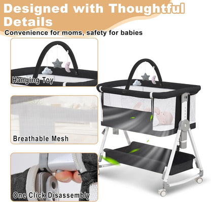 Baby Bassinet,3 in 1 Bedside Bassinet for Baby with Hanging Toys,Foldable Baby Bassinets Bedside Sleeper,4-Sided Mesh Bedside Crib with Wheels and Storage Basket,6 Height Adjustable (Light Grey)
