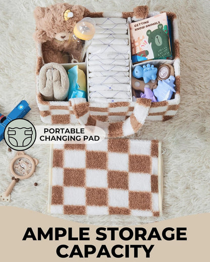 Baby Diaper Caddy Organizer with Portable Changing Mat - Teddy Fleece Diaper Organizer for Changing Table - Basket for Changing Essentials - Baby Essentials Organizer with Removable Dividers