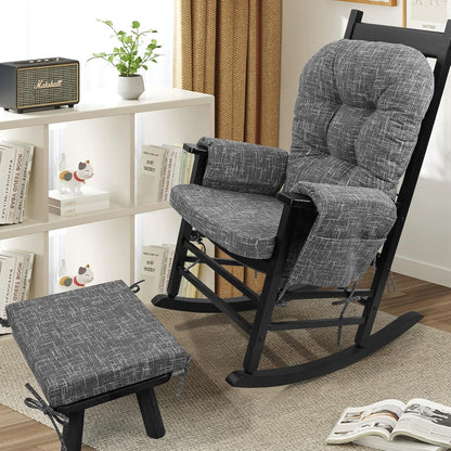 SINOSSO Glider Rocker Cushion Set (5 Pcs), Soft Blended Fabric High-Density Support Foam Seat Cushions with Ties, Fits Rocking Chair/Nursery Glider & Ottoman, Black-Gray