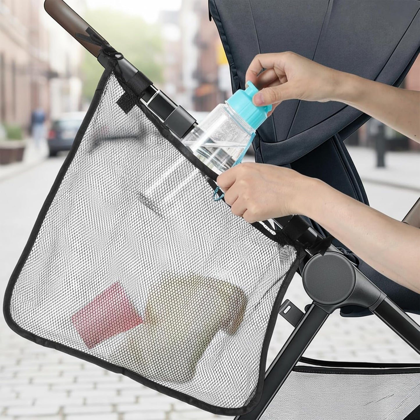 Thinp Stroller Sling Side Bag, Universal Stroller Organizer Cargo Net Strollers Caddy Mesh Storage Bag Strollers Accessories Fits for Nuna, Uppababy, Minu, Butterfly (Black)