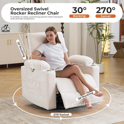 Rocking Chair Nursery with Adjustable Armrests, Electric Glider Recliner Nursing Chair for Breastfeeding, Power Swivel Recliner Chairs with Massage and Heat, Adjustable Headrest , FSC Certified, White