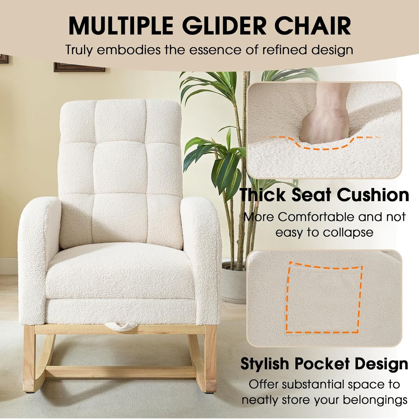 NIOIIKIT Modern Nursery Rocking Chair, Teddy Upholstered Rocking Chair with Footrest, Comfortable Rocker Recliner with Side Pocket, Rocker Glider for Living Room, Bedroom, Nursing Room (Apricot)