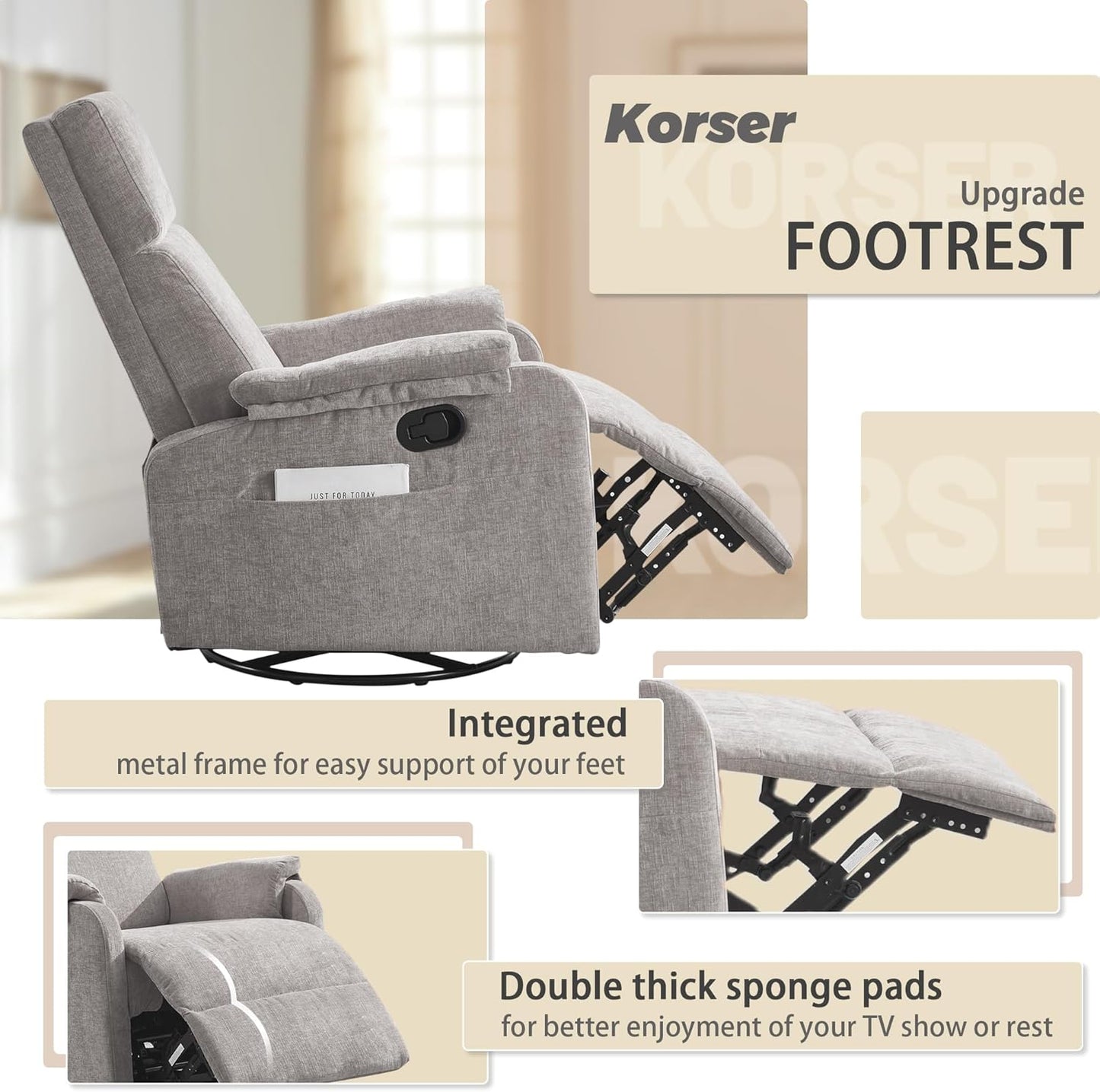 Korser Recliner Chair, Swivel Rocking Recliner Chair for Adults, Glider Rocking Chair, Small Nursery Chair Recliner for Living Room, Reclining Chair with Modern-Designed Armrests, Chenille, Beige