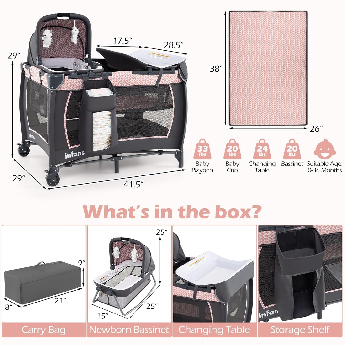 INFANS 4 in 1 Pack and Play, Portable Nursery Center for Baby Kid Infant, Travel Playard with Bassinet, Mattress, Diaper Changer, Bag, Music Box, Storage Basket (Pink)