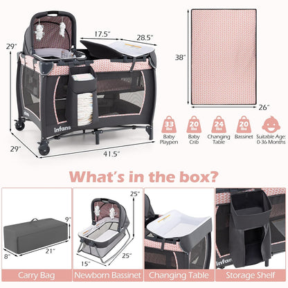 INFANS 4 in 1 Pack and Play, Portable Nursery Center for Baby Kid Infant, Travel Playard with Bassinet, Mattress, Diaper Changer, Bag, Music Box, Storage Basket (Pink)