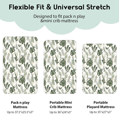 Yoofoss Pack and Play Sheets Fitted, Mini Crib Sheets 2-Pack for Pack N Play Mattress, Stretchy Playard Sheet, Soft and Breathable Green+Giraff