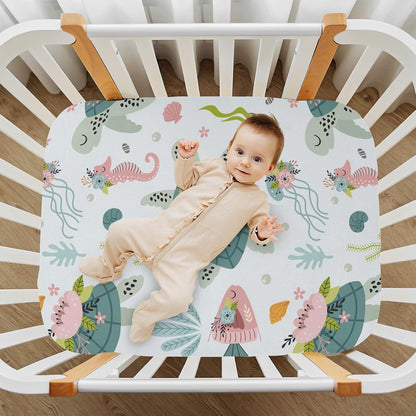 Fitted Crib Sheets Turtle Sea Horse Stretchy Portable Playard Sheets for Baby Toddler, Breathable Soft Mini Crib Mattress 39 x 27 in for Boys and Girls