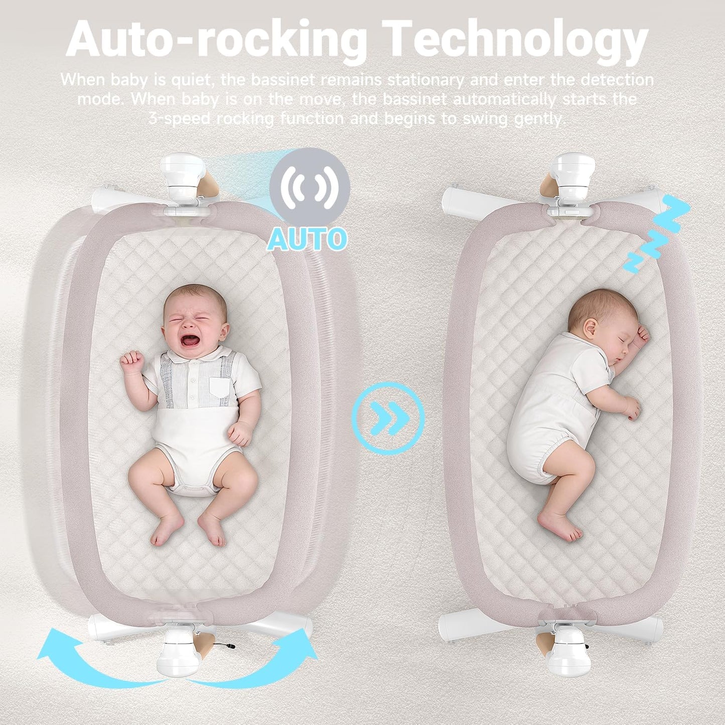 Electric Baby Bassinet, 7 Height Adjustable Rocking Bassinet for Baby, Auto Infant Sleeper with Timer, 12 Lullabies, Wheels, Smart Rocking Crib for Newborns, Beige