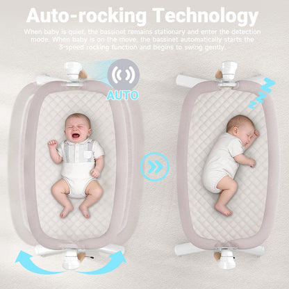 Electric Baby Bassinet, 7 Height Adjustable Rocking Bassinet for Baby, Auto Infant Sleeper with Timer, 12 Lullabies, Wheels, Smart Rocking Crib for Newborns, Beige
