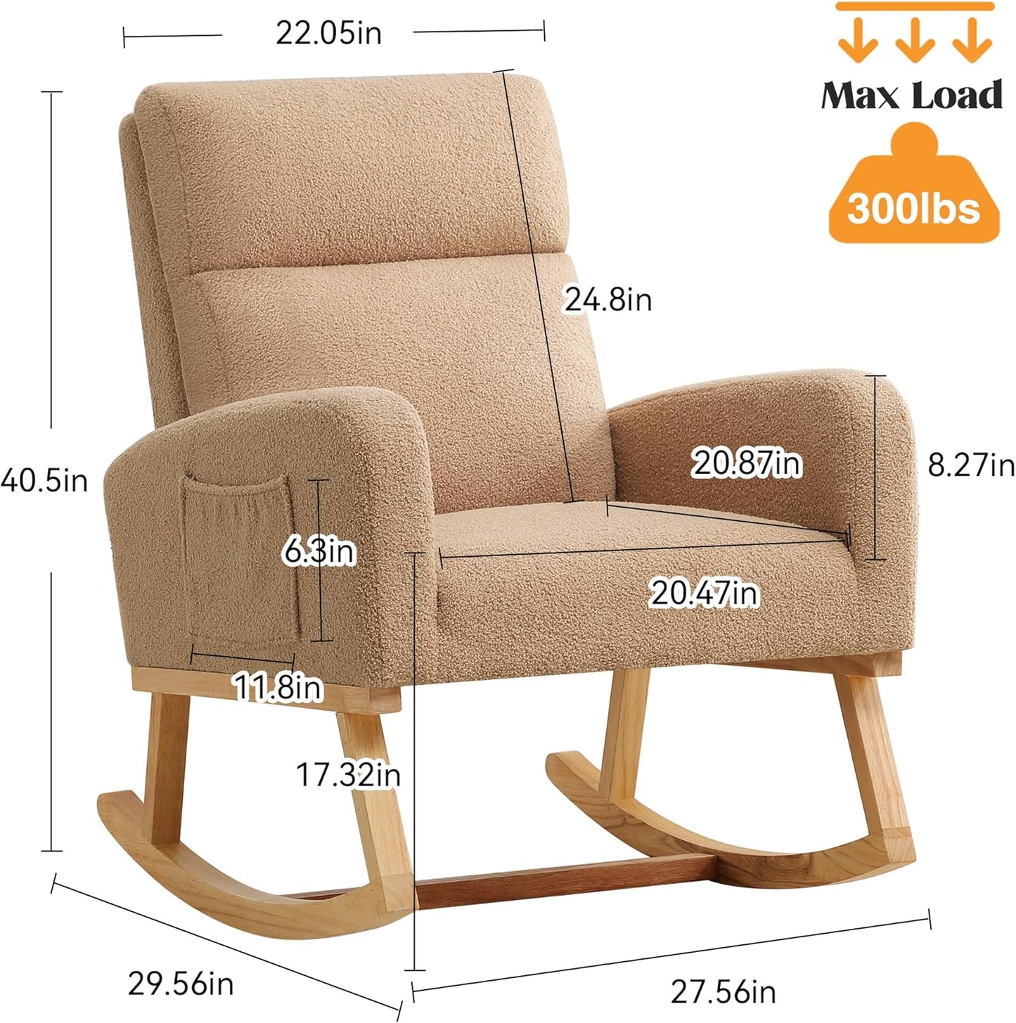 HCHAIRH Rocking Chair Nursery, Upholstered Fabricr Nursing Rocking Chairs with Soft High Back, Modern Nursery Glider Rocker for Mom Living Room, Bedroom, Camel