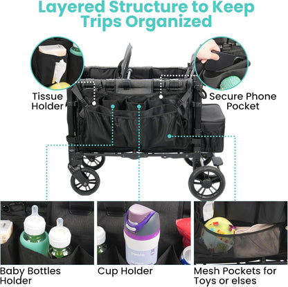 Stroller Wagon Cargo Net and Organizer Compatible with Wonderfold W2 & W4, Double-Layer Expandable Storage Net with Zippered Pockets, Foldable Wagon Accessories, Heavy-Duty Mesh (1 Pack)