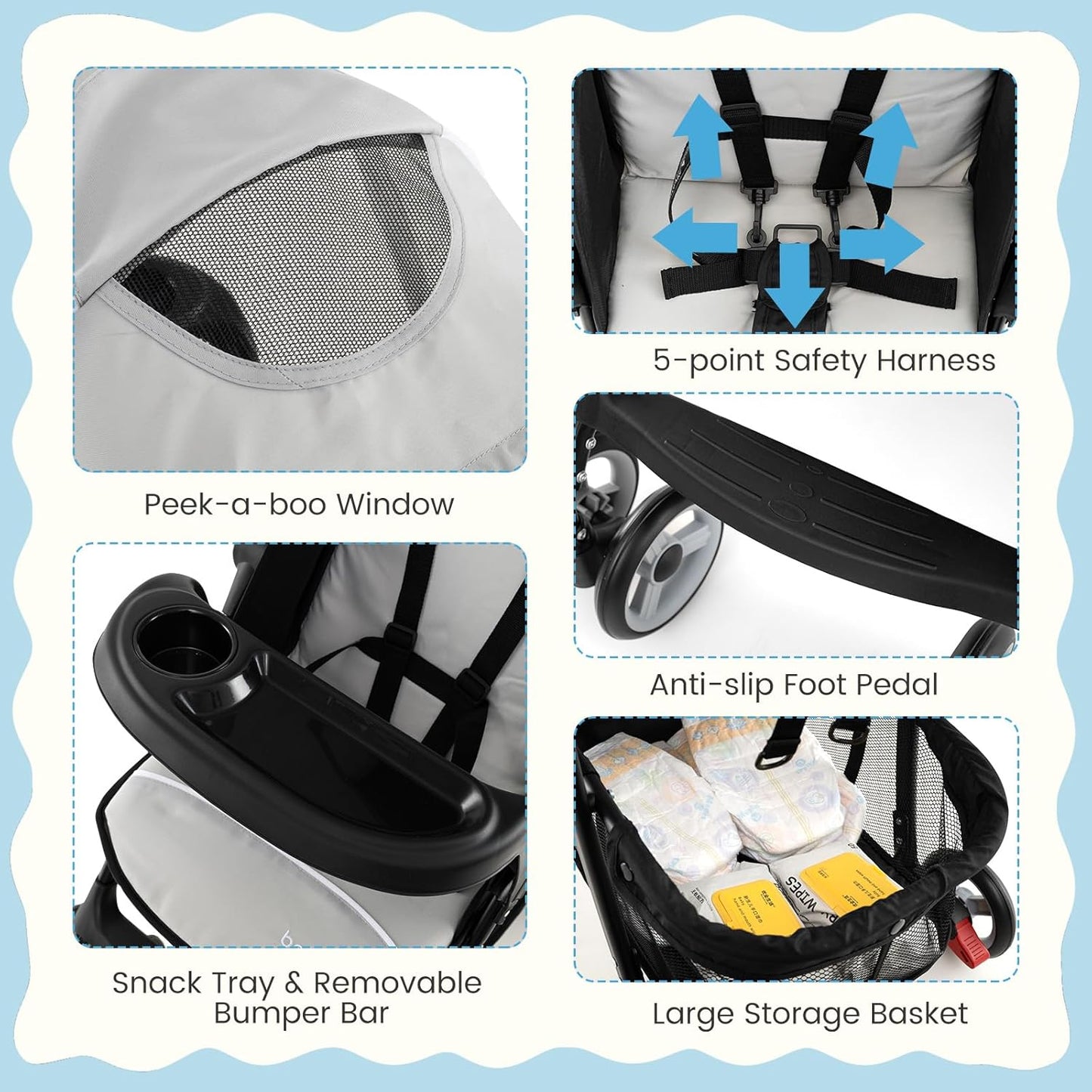 Baby Joy Lightweight Stroller, Compact Toddler Travel Stroller for Airplane, Infant Stroller w/Adjustable Backrest/Footrest/Canopy, 5-Point Harness, Storage Basket, Easy One-Hand Fold (Gray)