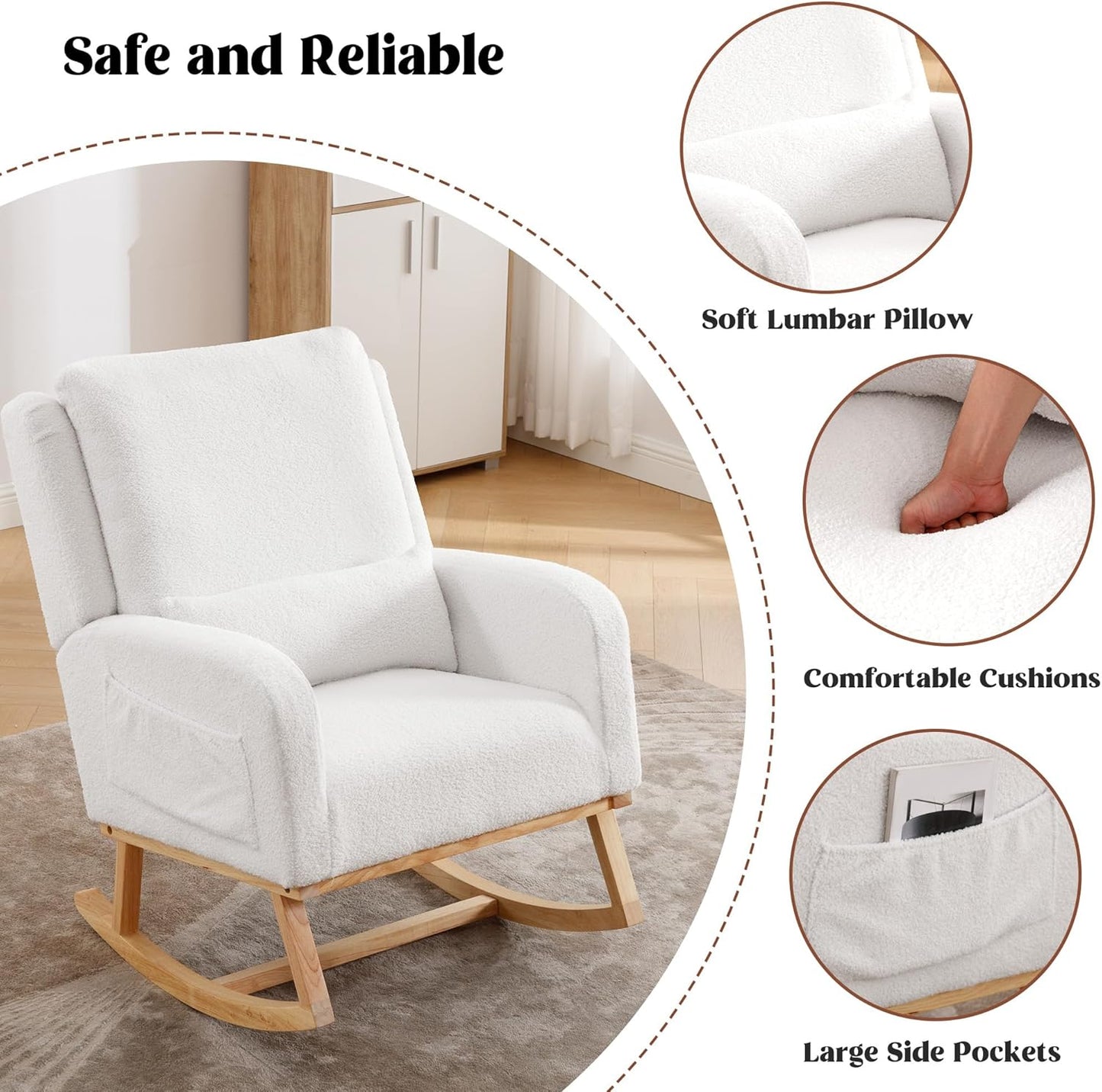 HCHAIRH Rocking Chair Nursery, Sherpa Nursing Rocking Chairs, Upholstered Nursery Glider Rocker for Mom Nursery Morden Accent Rocking Chair Pillow for Living Room,Bedroom,Teddy Light Grey