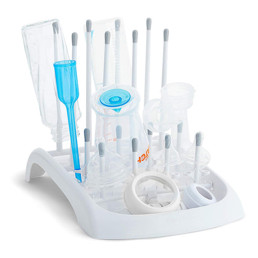 Munchkin Fold Baby Bottle Drying Rack and Bristle Bottle Brush Cleaning Essentials Set, White/Grey