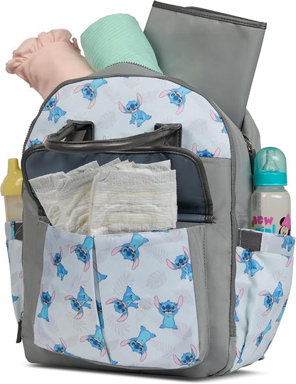 Disney Diaper Bag Backpack with Changing Pad Stich – 16” Nylon Baby Bag for Parents, Insulated Bottle Holders, Multiple Storage Pockets