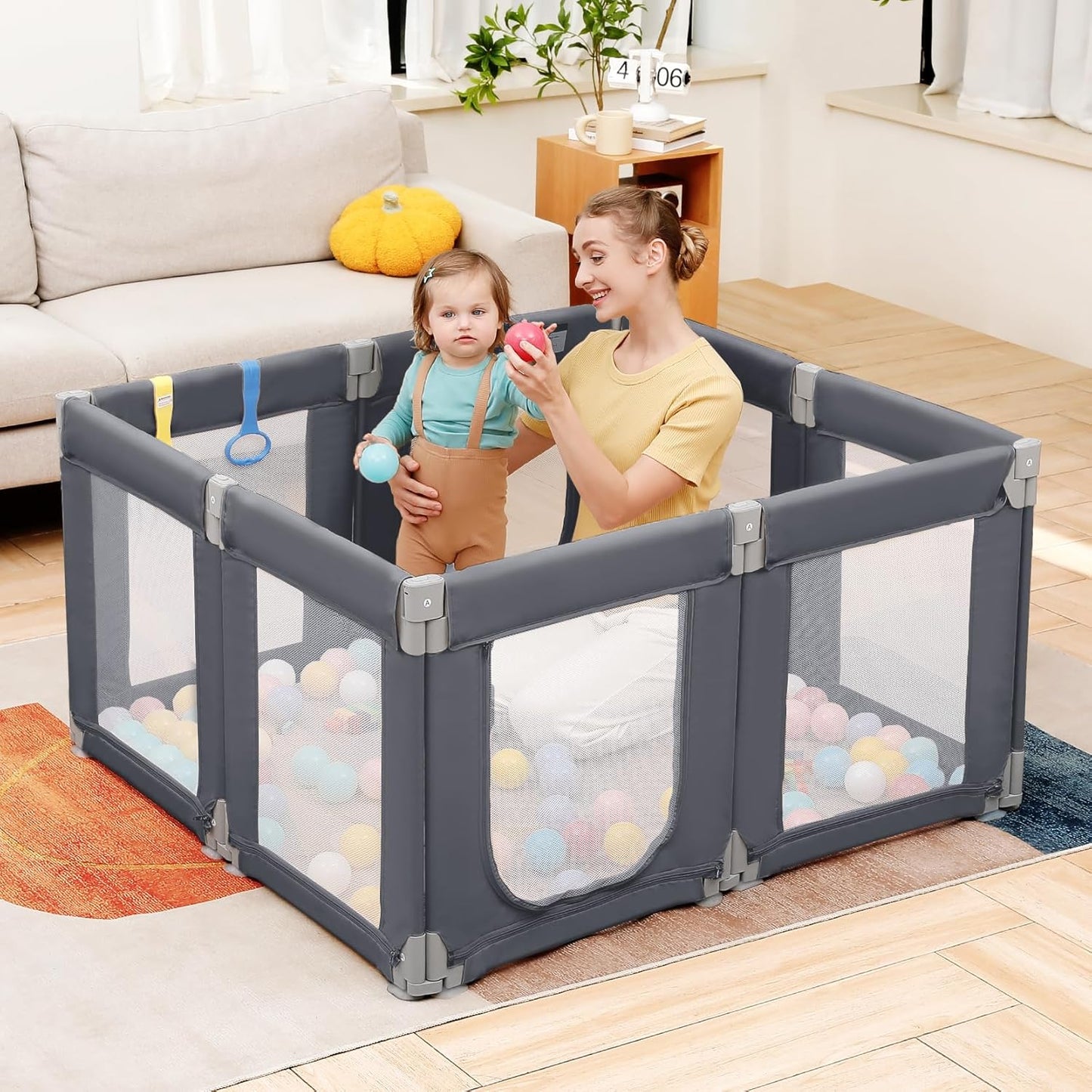 Dripex Baby Playpen, 47"x47" Small Playpen for Babies, Enhanced Safety Baby Play Yard for Indoor & Outdoor, Infant Play Pen with Soft Breathable Visible Mesh, Anti-Fall Design & Easy Setup, Grey